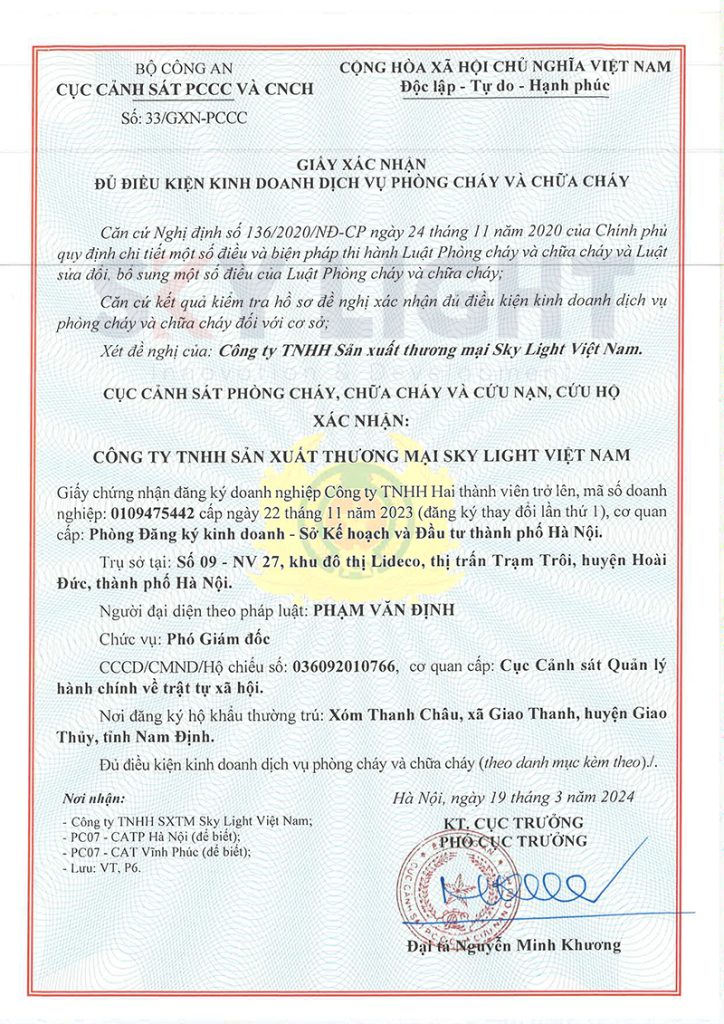 Giấy đủ điều kiện kinh doanh dịch vụ pccc- Sky Light