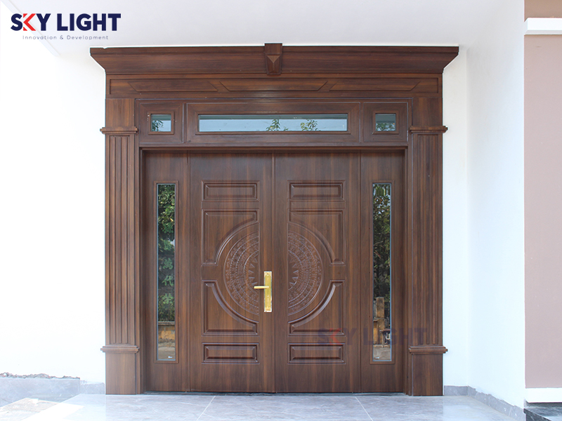 cửa thép vân gỗ 4 cánh sky light