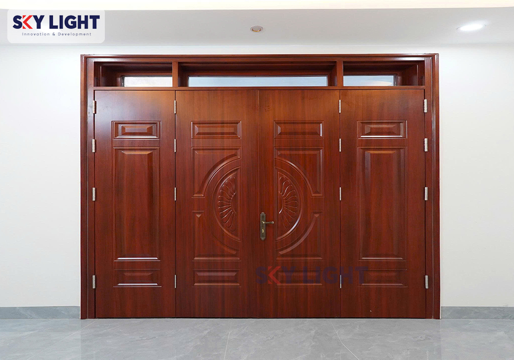 cửa thép vân gỗ cửa chính 4 cánh đều sky light